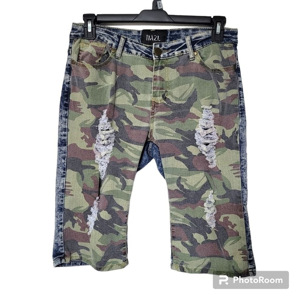 Dazl Two Toned Green Camouflage Distressed Front Acid Wash‎ Blue Denim Back 13 - Picture 8 of 8